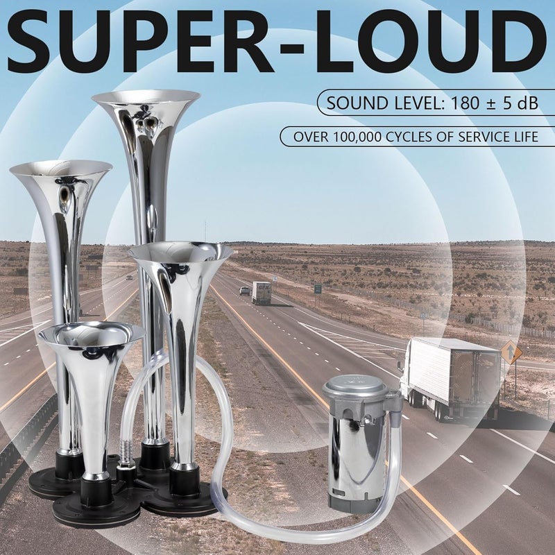 banhao Truck Air Horn 4 Trumpet Train Horns Kit for Truck 180DB Super Loud Air Horns for Pickup SUV Motorhome and Other Vehicles 12V - Image 2